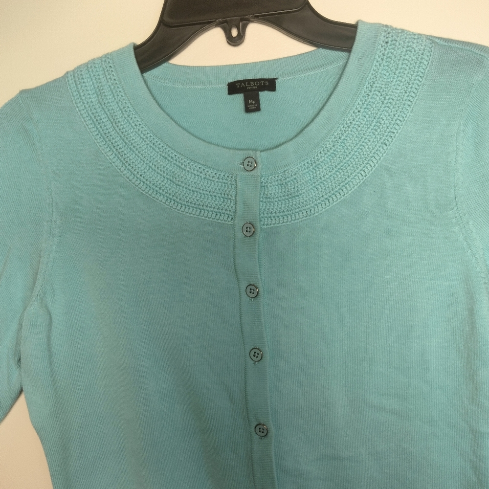 Talbots Cardigan Sweater 3/4 Sleeve Crocheted Yoke Neckline - Picture 2 of 7